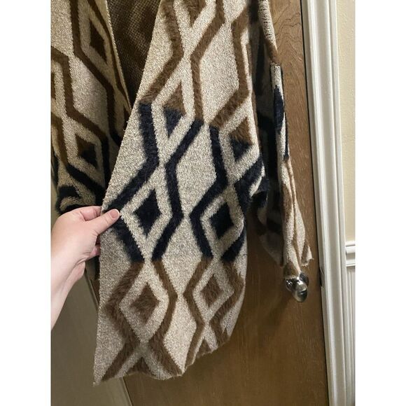 Jodifl Tan Brown Black Geometric Faux Hair Print Cardigan Sz L Western Soft Open - Picture 7 of 16